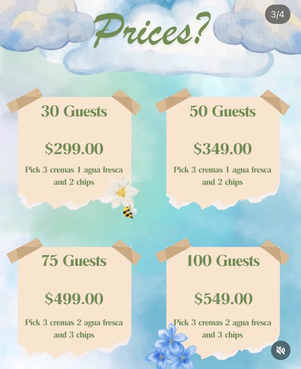 Flyer: package prices for 30, 50, 75 and 100 guests